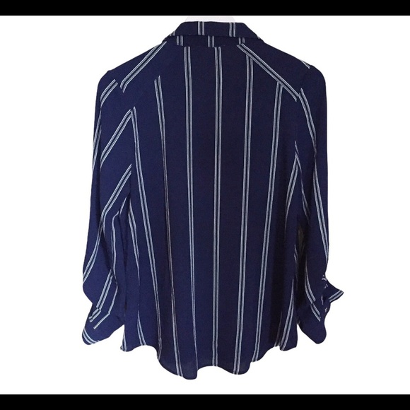 MINE Pinstripe Button Down Blouse With Adjustable Sleeve Length Navy Blue Size M - Picture 9 of 10